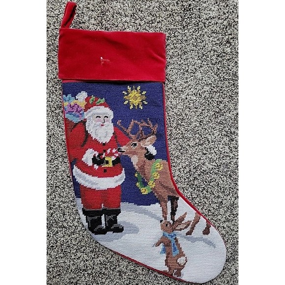 Lands' End Santa Wool Needlepoint Christmas Stocking Blank FLAW Reindeer Red C1 - Picture 1 of 9